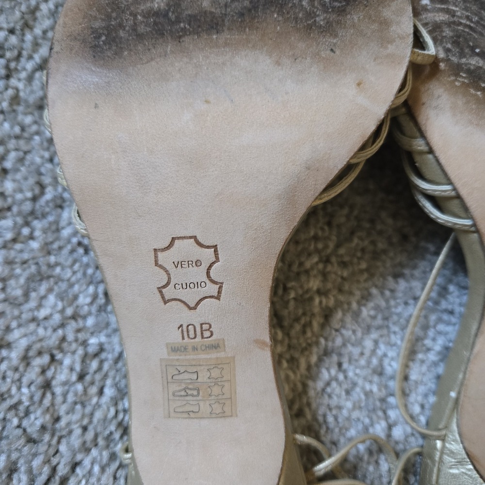 Charles By Charles David Leather Gold Heels Sz 10 Wraparound Strap Lace Up - Picture 6 of 12